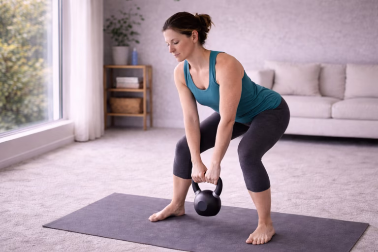 Woman performing kettlebell exercises at home as part of a balanced strength training routine.