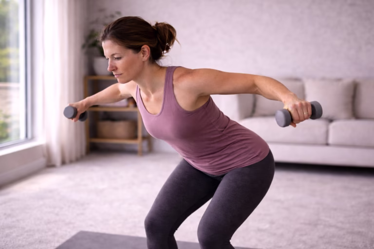 Woman performing back fat exercises at home to support a slimmer, stronger back.