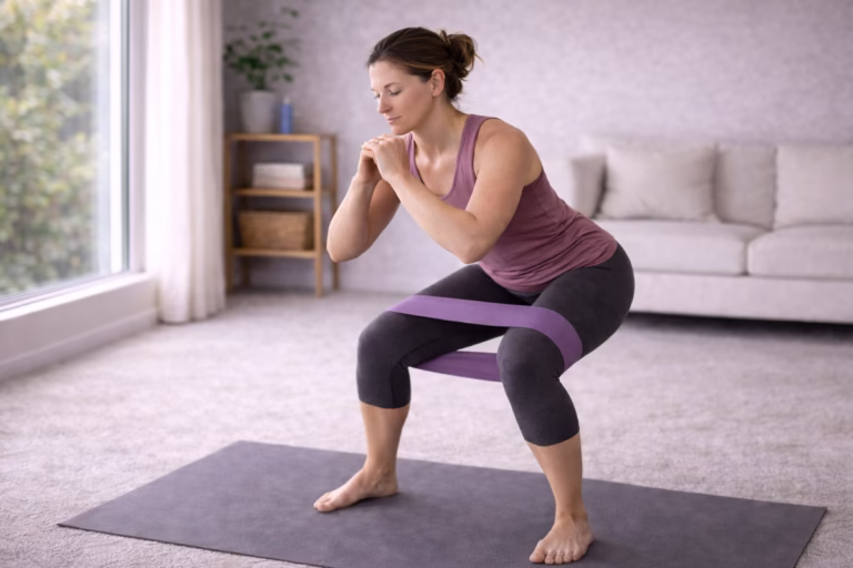 Woman doing resistance band exercises at home as part of a leg workout routine.