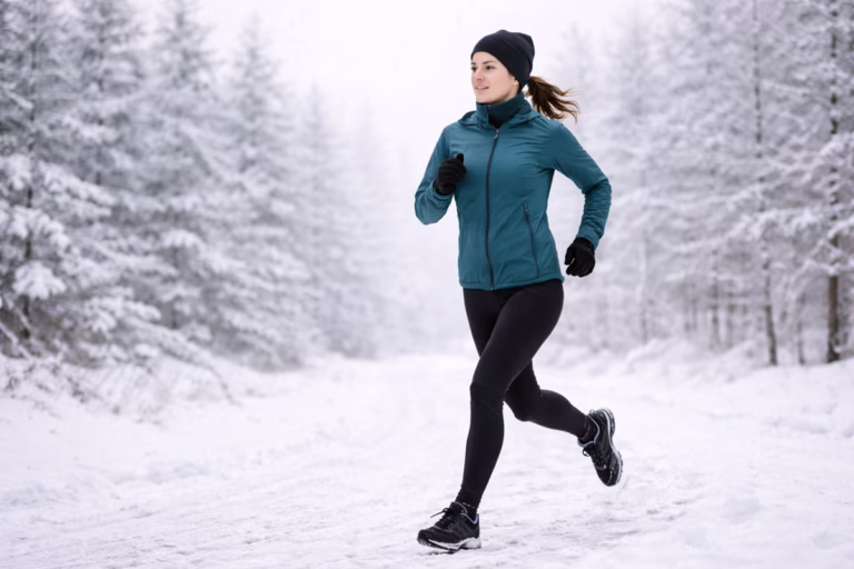 Woman running through snowy woods