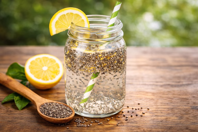 Chia seed drink with lemon slices