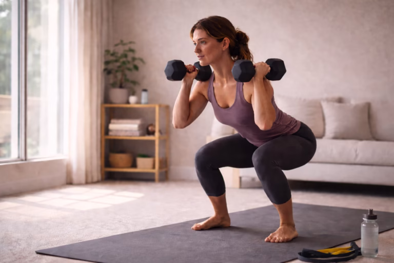 Woman performing a full body workout routine at home with dumbbells and bodyweight exercises in natural light.