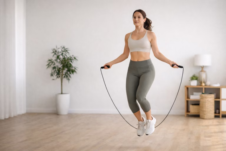 Woman jumping rope in modern living room