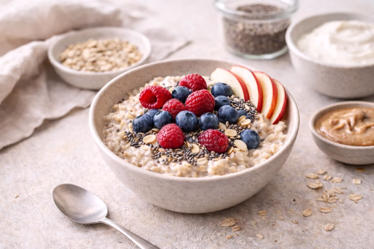 High Fiber Breakfast Warm Oatmeal With Seeds and Fruit
