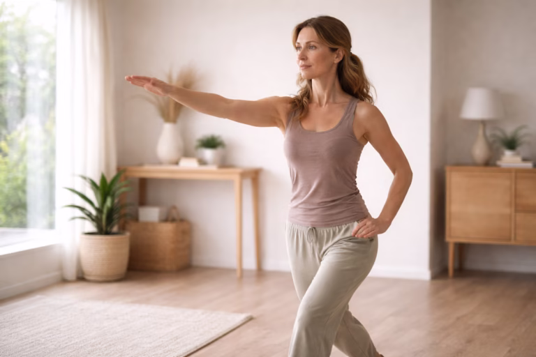 Woman practicing Tai Chi for beginners parting the wild horse’s mane move with controlled step and flowing arm motion.